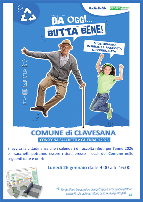 Raccolta rifiuti: consegna sacchetti e calendari 2026